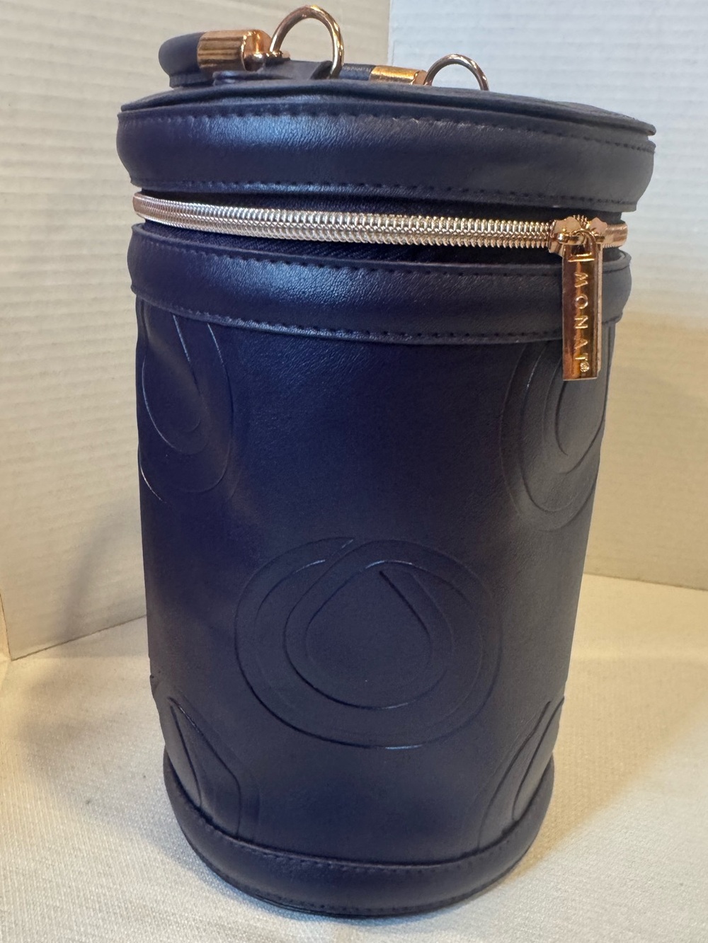 Monat Purple Cylindrical Cosmetic Travel Carry Case Bag Embossed Circle Pattern